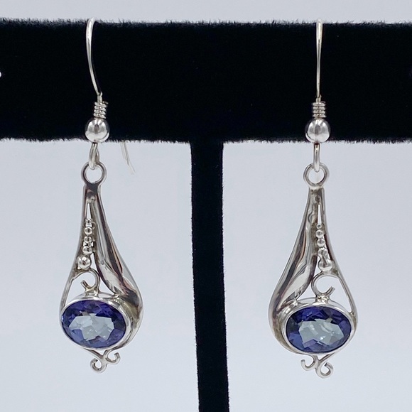Sterling Silver Blue Stone Teardrop Dangle Earrings - Picture 2 of 8